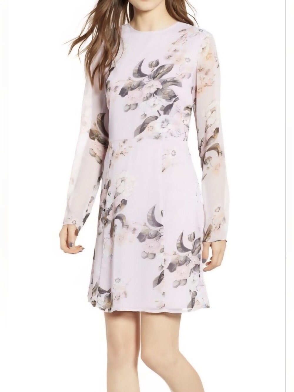 Leith Pale Lavender Floral Long-Sleeve A-Line Dress